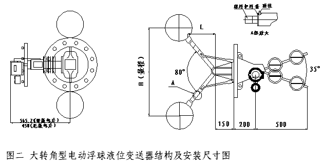 大轉(zhuǎn)角型電動(dòng)浮球液位變送器外形圖及安裝尺寸